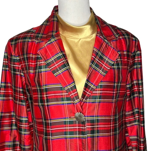 Vintage Painted Pony Red Tartan Plaid Silk Cropped Blazer Chunky Buttons Size 12 - Picture 5 of 16